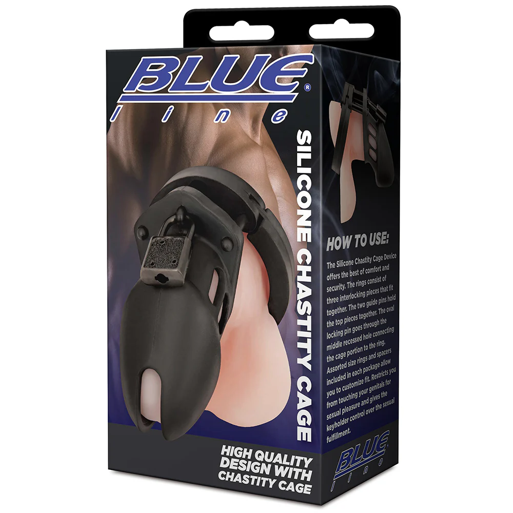 Blue Line Silicone Chastity Cage in Black